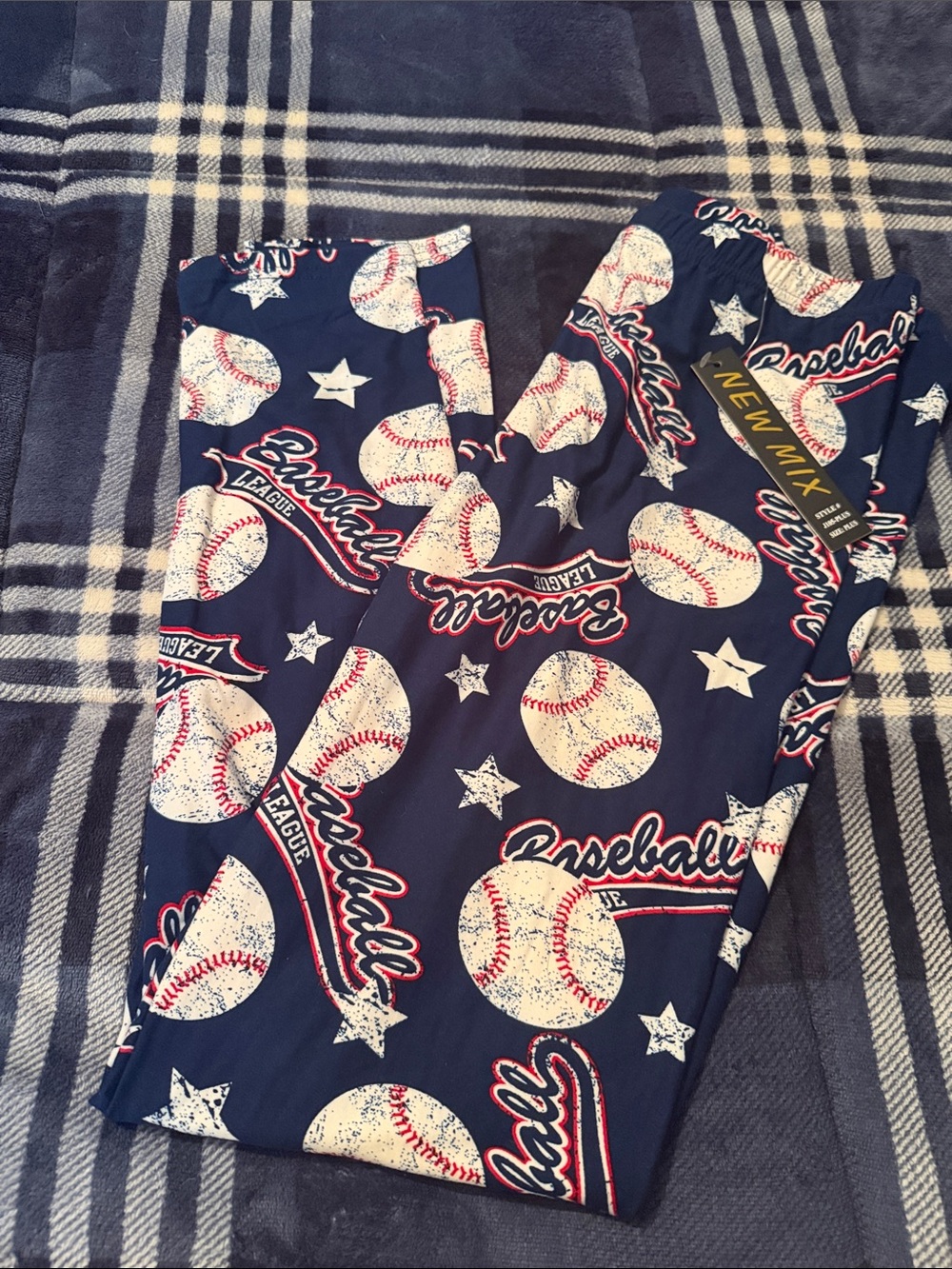 New Mix Navy Baseball Print Kids Leggings with Cream Baseball Accents